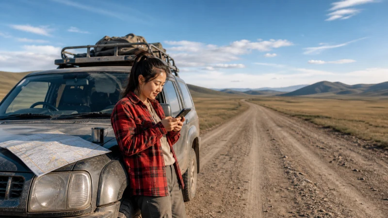Traveller using a smartphone in Mongolia for mongolia road trip mobile internet