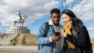 Traveller using a smartphone in Mongolia for mongolia short trip mobile data