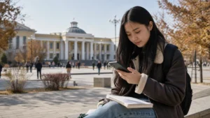 Traveller using a smartphone in Mongolia for mongolia student travel internet