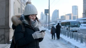 Traveller using a smartphone in Mongolia for mongolia winter travel internet