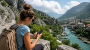 Traveller checking mobile data above a river valley and stone bridge.