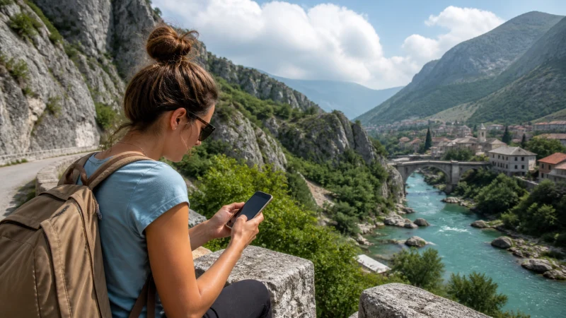 Traveller checking mobile data above a river valley and stone bridge.