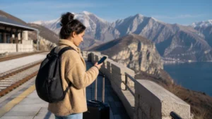 Rail traveller checking a smartphone on a mountainous Montenegro–Serbia route.