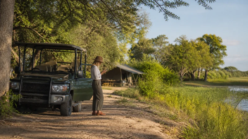Safari vehicle in Moremi with traveller holding phone.