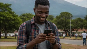 Traveller using mobile internet on a smartphone in Moshi
