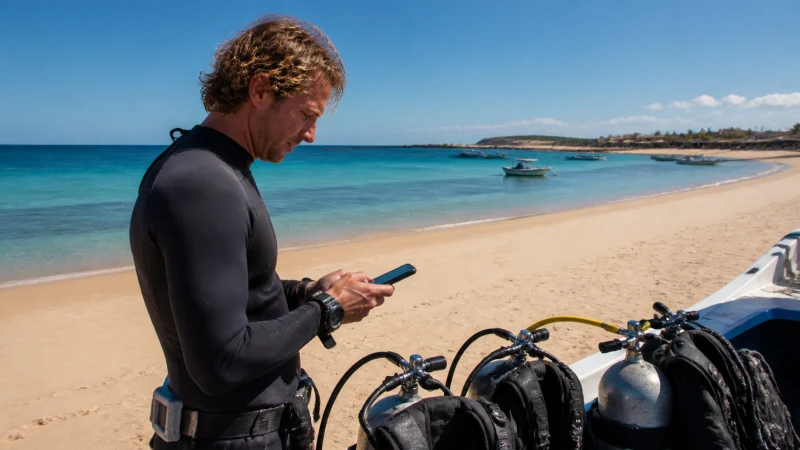 Diving traveller using a smartphone on the Mozambique coast