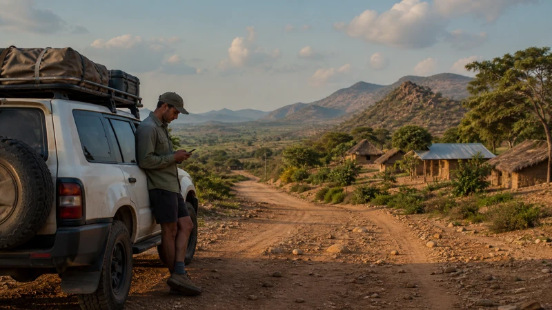 Traveller checking mobile coverage in remote Mozambique