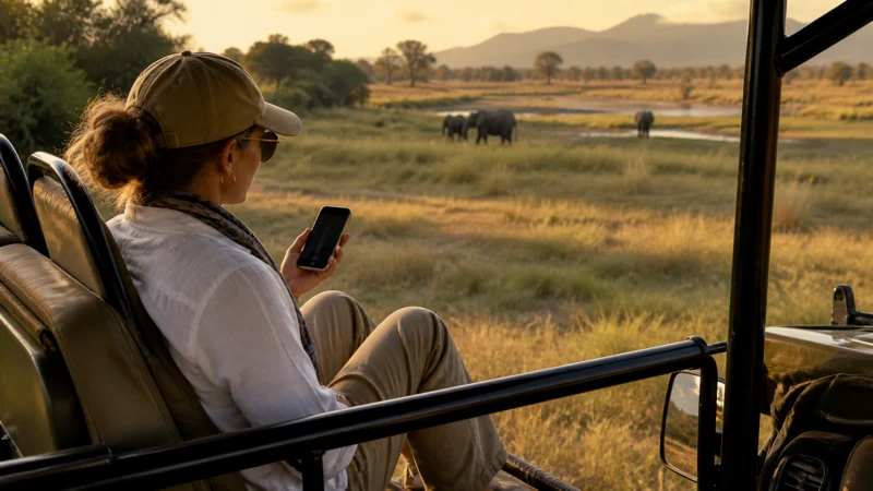 Safari traveller using a smartphone in Mozambique
