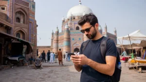 Traveller checking a smartphone near historic Multan architecture