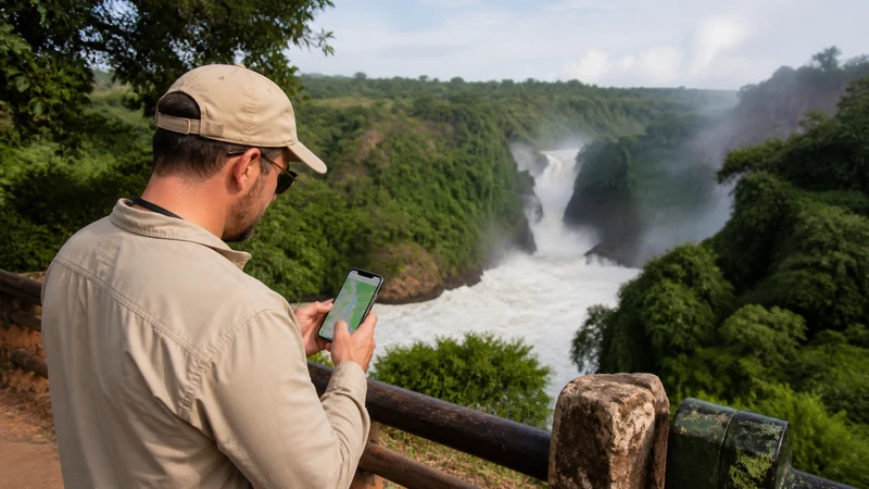 Traveller checking a smartphone at a viewpoint overlooking Murchison Falls.