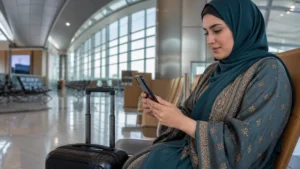 Traveller using a smartphone during eSIM setup at Muscat Airport