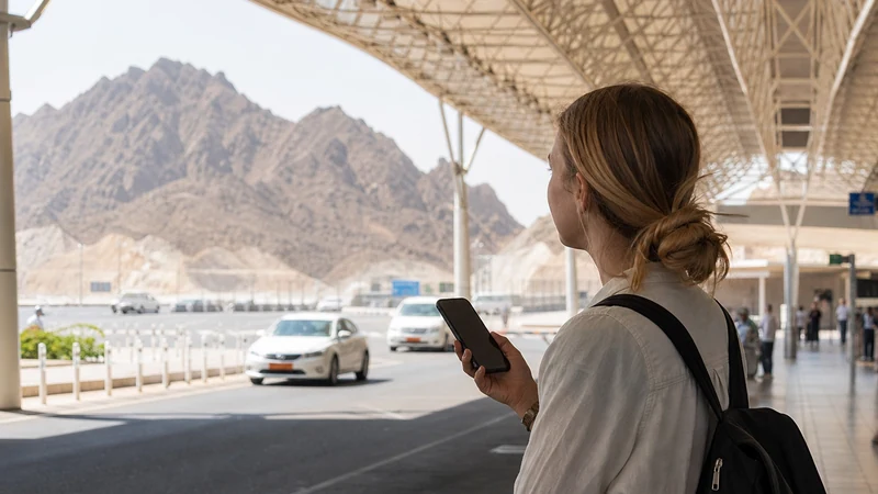 Traveller using a smartphone during arrival route from Muscat Airport