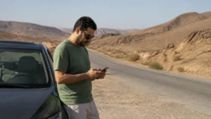 Traveller using a smartphone during traveller on Muscat–Salalah road