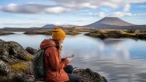 Traveller using a smartphone in Mývatn