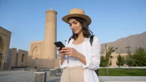 Visitor using mobile internet during a Nakhchivan journey