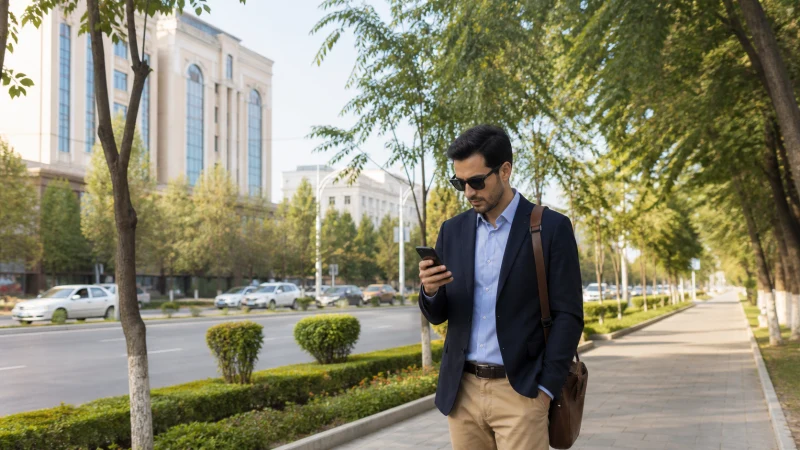Business traveller using a smartphone in Namangan