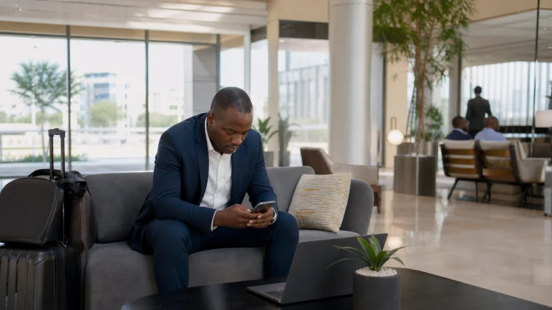 Traveller using a smartphone in Namibia while managing internet access on a Namibia business trip
