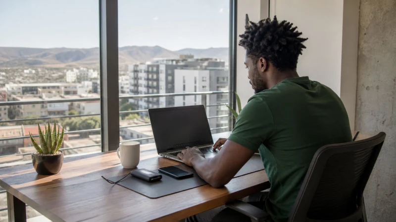 Traveller using a smartphone in Namibia while working remotely from Namibia
