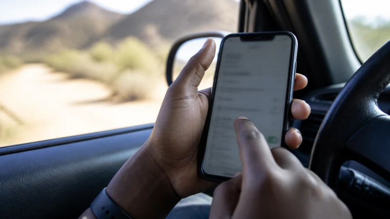 Traveller using a smartphone in Namibia while checking Namibia eSIM APN settings