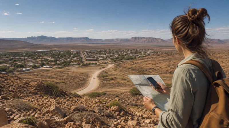 Traveller using a smartphone in Namibia while understanding mobile coverage across Namibia