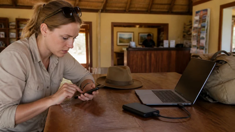Traveller using a smartphone in Namibia while troubleshooting a Namibia eSIM