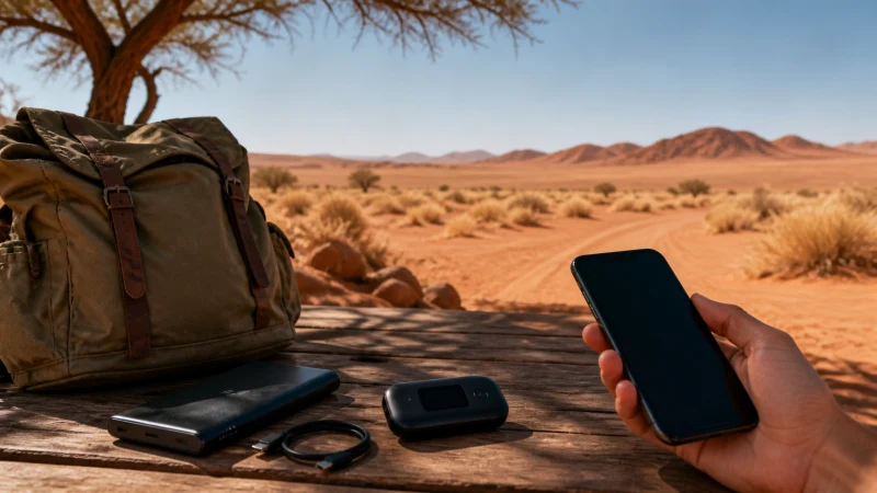 Traveller using a smartphone in Namibia while comparing a Namibia eSIM with pocket Wi-Fi