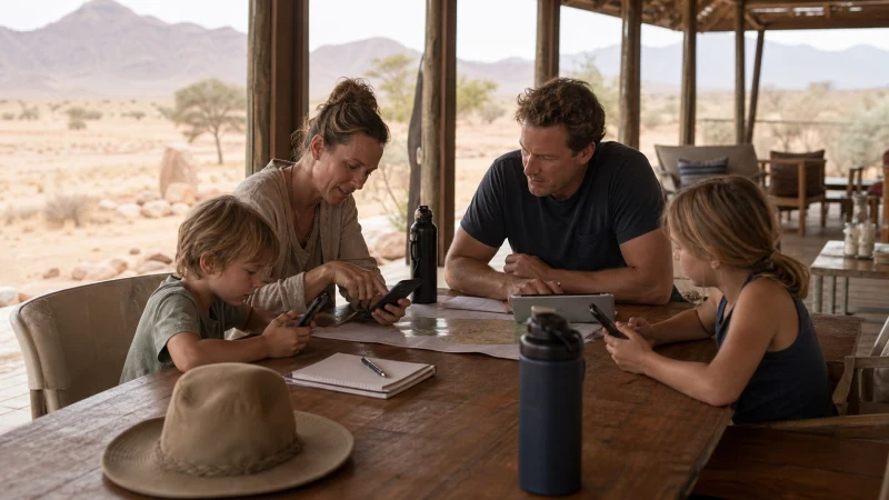 Traveller using a smartphone in Namibia while sharing travel data on a Namibia family trip