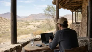 Traveller using a smartphone in Namibia while using mobile data beyond lodge Wi-Fi
