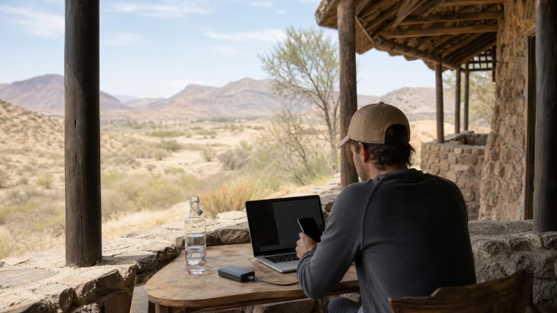 Traveller using a smartphone in Namibia while using mobile data beyond lodge Wi-Fi