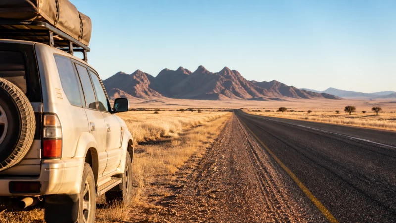 Traveller using a smartphone in Namibia while planning data for long-distance travel in Namibia