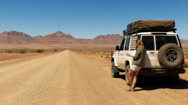Traveller using a smartphone in Namibia while staying connected on a Namibia road trip