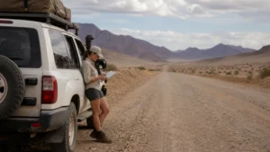 Traveller using a smartphone in Namibia while preparing for mobile coverage outside Namibia’s main towns