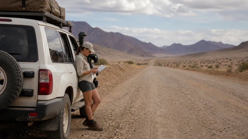Traveller using a smartphone in Namibia while preparing for mobile coverage outside Namibia’s main towns