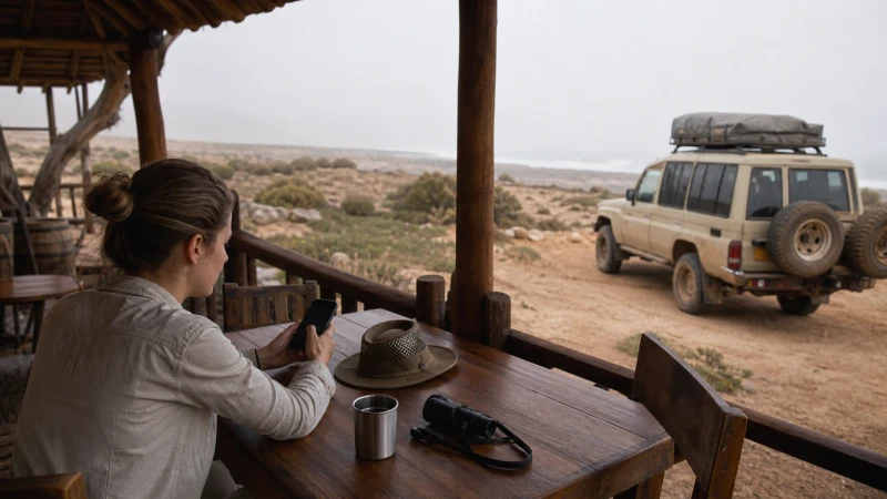 Traveller using a smartphone in Namibia while staying connected on safari in Namibia