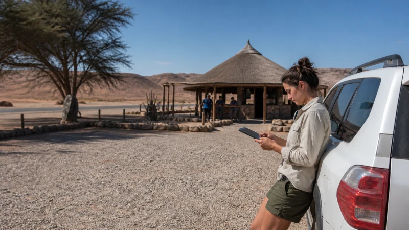 Traveller using a smartphone in Namibia while staying connected on a solo trip to Namibia