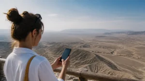 Traveller using a smartphone in Peru for nazca mobile internet