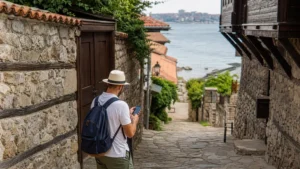 Traveller checking a smartphone in Nessebar Old Town