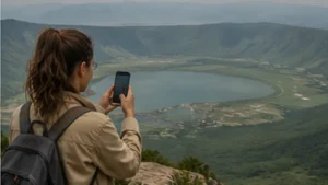 Traveller using a smartphone in the Ngorongoro Conservation Area