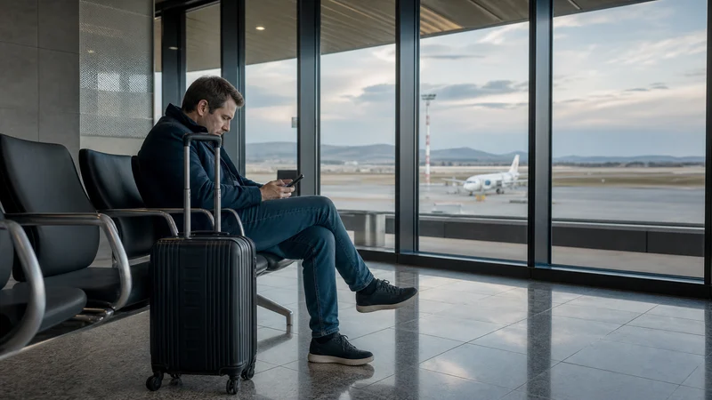 Traveller using a smartphone during mobile internet in niš airport in Serbia.