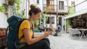 Traveller using a smartphone during budget travel in north macedonia in North Macedonia.