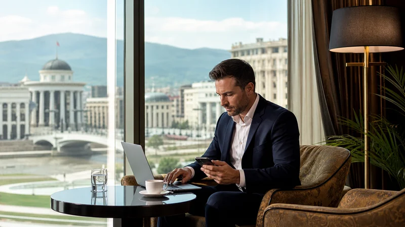Traveller using a smartphone during north macedonia business travel internet and esim guide in North Macedonia.
