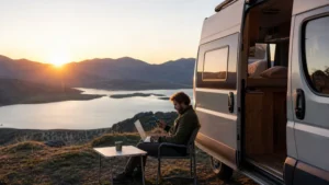Traveller using a smartphone during campervan internet in north macedonia in North Macedonia.