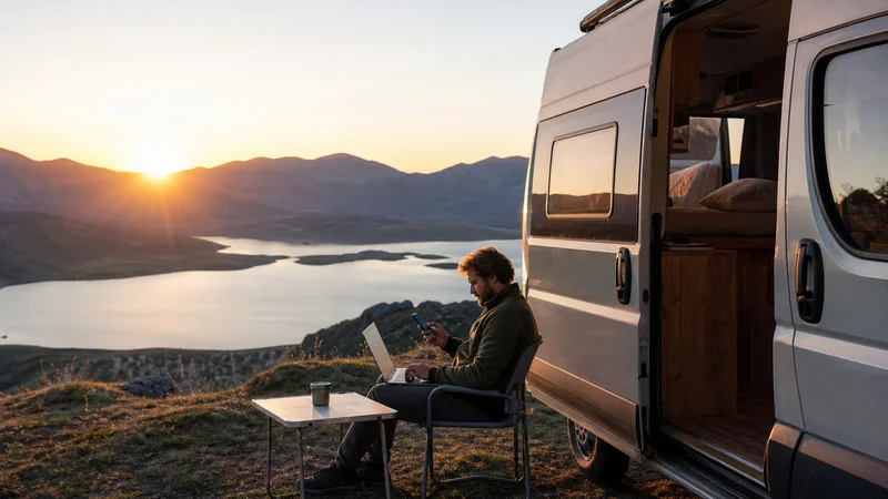 Traveller using a smartphone during campervan internet in north macedonia in North Macedonia.