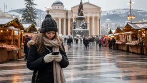 Traveller using a smartphone during north macedonia christmas markets in North Macedonia.