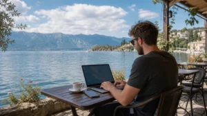 Traveller using a smartphone during north macedonia internet for digital nomads in North Macedonia.