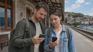 Traveller using a smartphone during north macedonia esim vs pocket wifi in North Macedonia.