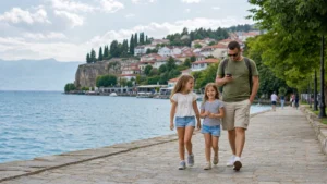 Traveller using a smartphone during north macedonia family travel internet and esim guide in North Macedonia.