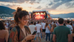 Traveller using a smartphone during north macedonia festivals in North Macedonia.