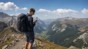 Traveller using a smartphone during hiking in north macedonia in North Macedonia.