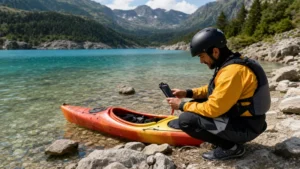 Traveller using a smartphone during kayaking in north macedonia in North Macedonia.